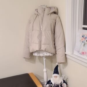 Cream Puffer Jacket with Hood ZARA